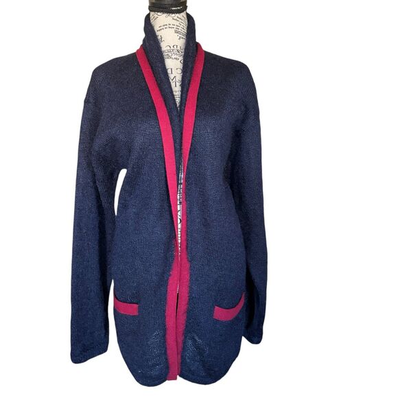 Vintage 80s Christian Dior Size L Blue Open Front Mohair Wool Cardigan Coatigan - Picture 1 of 5